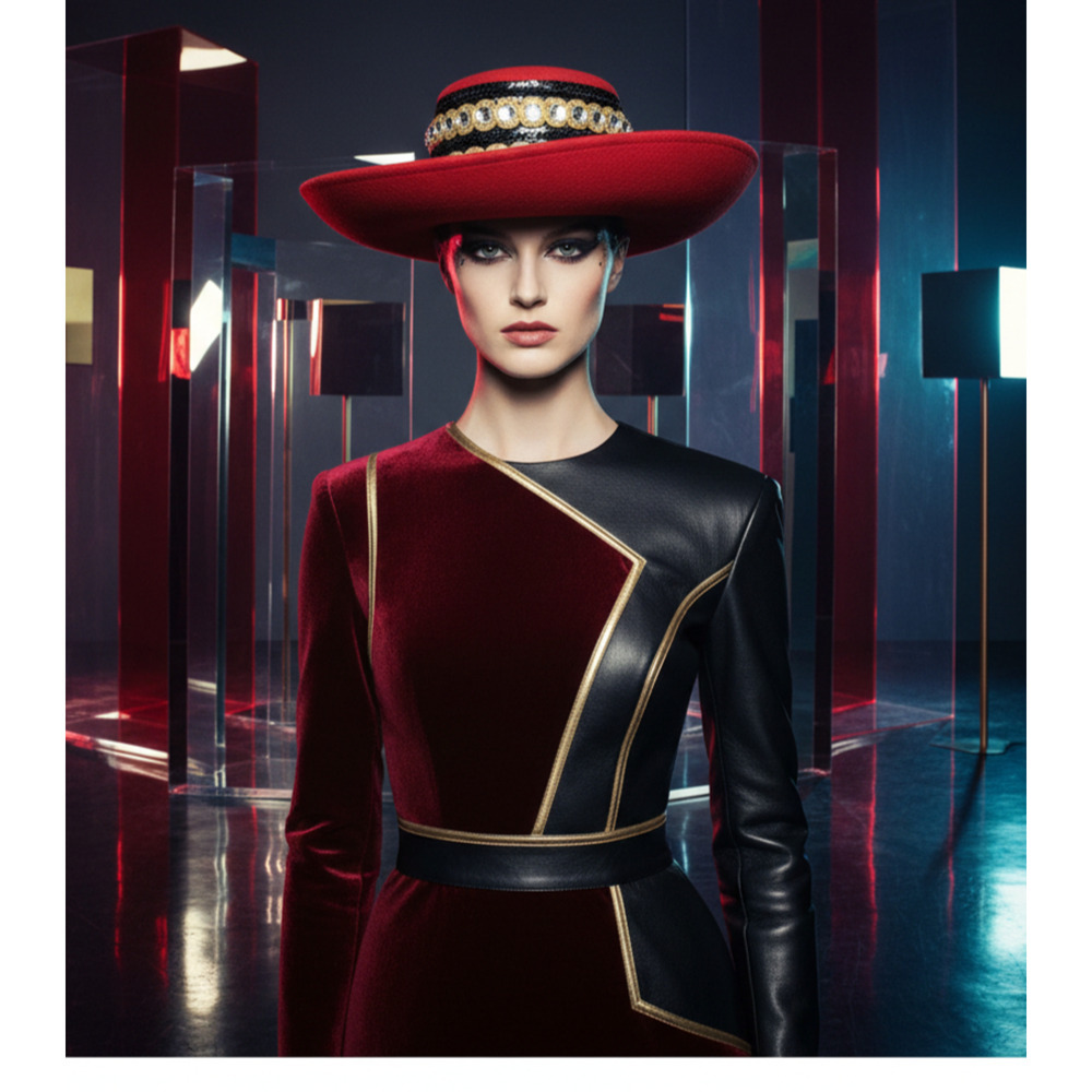 Vintage NEW Yehasso Red Wool Avant Garde Bolero Dress Hat Rhinestones Gold Bow